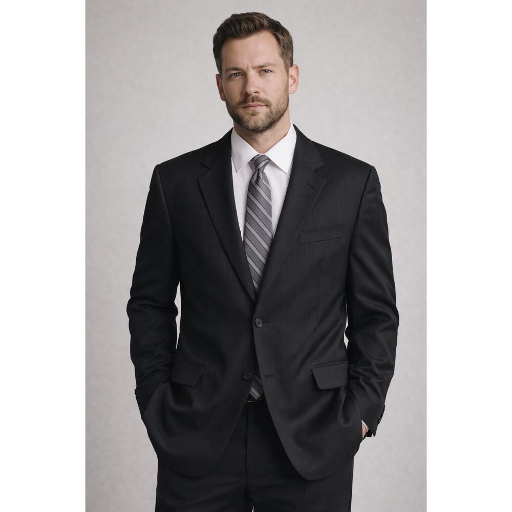 Jones New York 100% Wool Blazer Jacket Mens 44 Black Pinstriped Formal